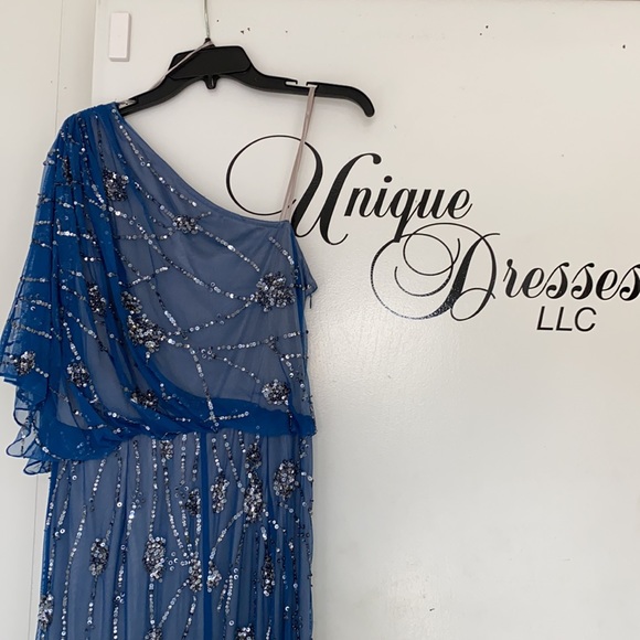 Adrianna Papell beaded one shoulder drape long gown - Picture 4 of 6